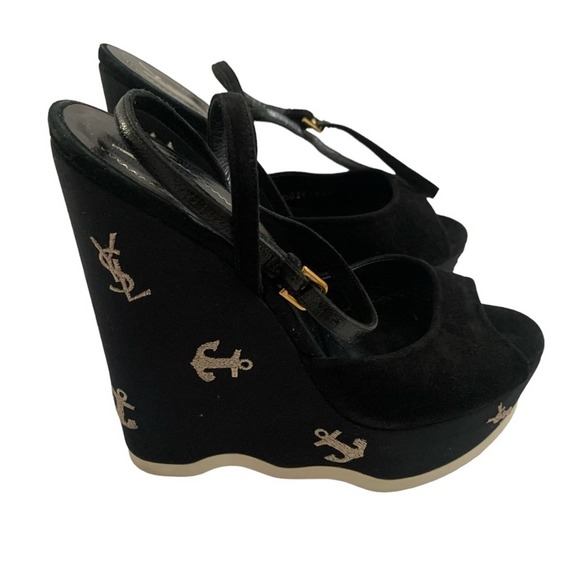 Saint Laurent Suede Cassandra Logo Ankle Strap Wedge - 8 US, Black fits 7.5 US - Picture 7 of 16